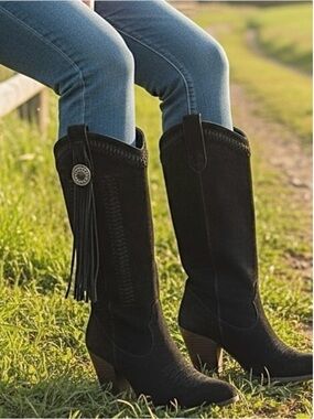 Reba Genuine Suede Fringed‎ Black Heeled Western Boots